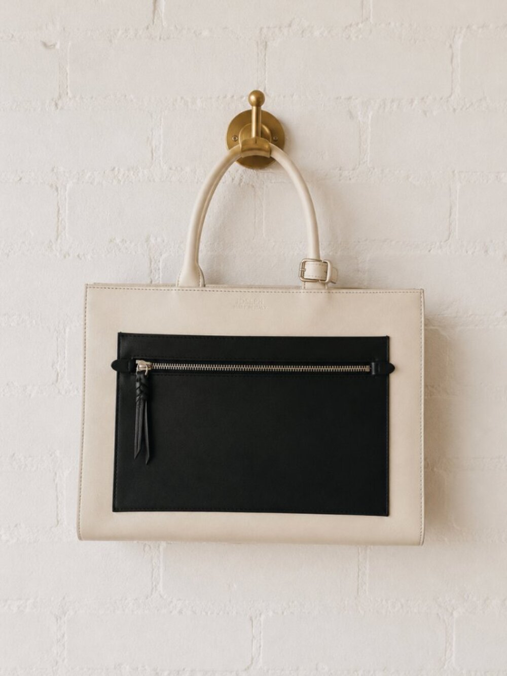 Polo Ralph Lauren X4104 White Black Leather Tote Bag Shoulder Bag Colorblock